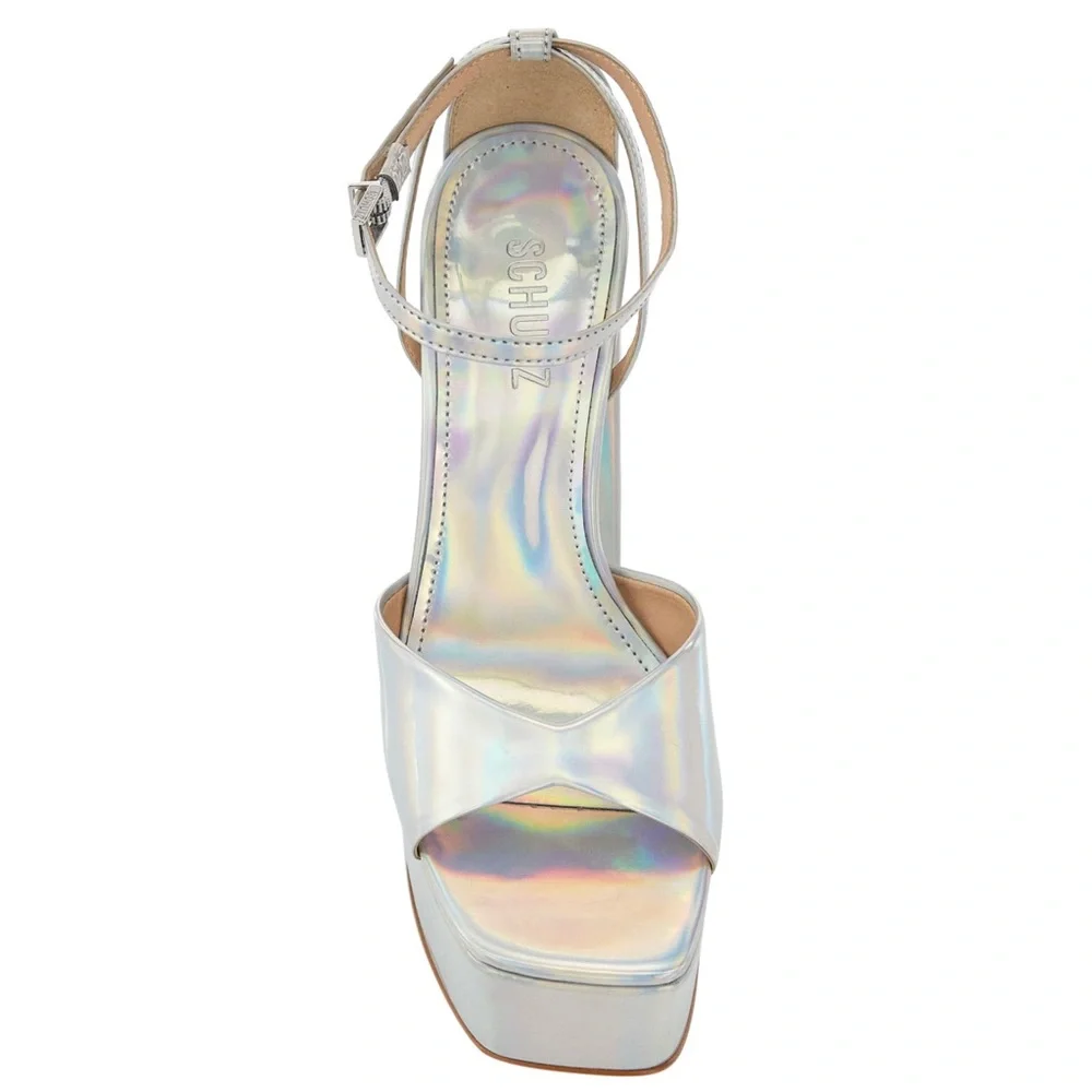 SCHUTZ NWB Aryia Metallic Faux Leather Platform Sandals Spechio Holographic